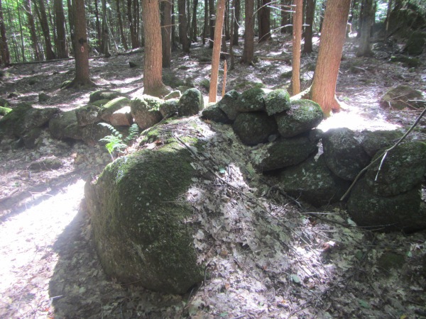 A stone wall incorporating a large glacial erratic boulder, Fox Forest, New Hampshire. 