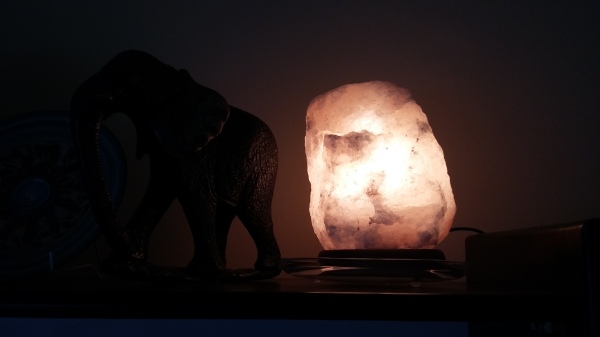 Our Himalayan salt lamp, illuminating our living room at night. 