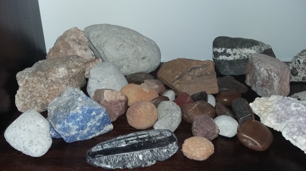 Rocks on a shelf in my living room. 