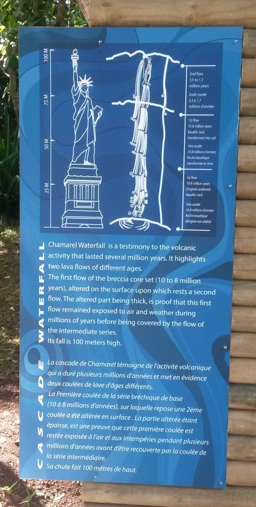 Informational sign about the Chamarel Waterfall. 