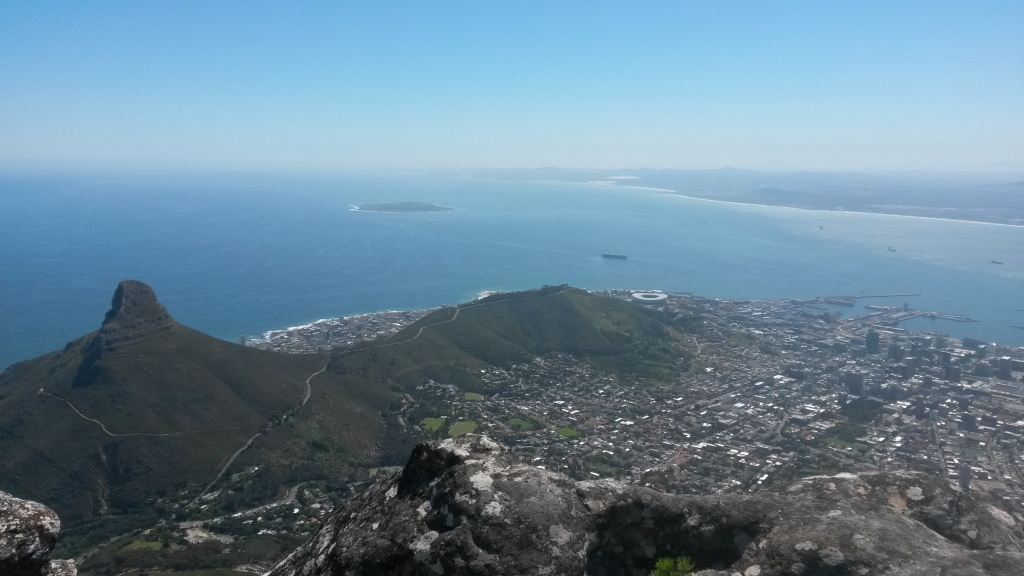 Another view from the top of Table Mountain, this time looking towards the inselberg Lion's Head (the knob of rock) and Robbin Island. 