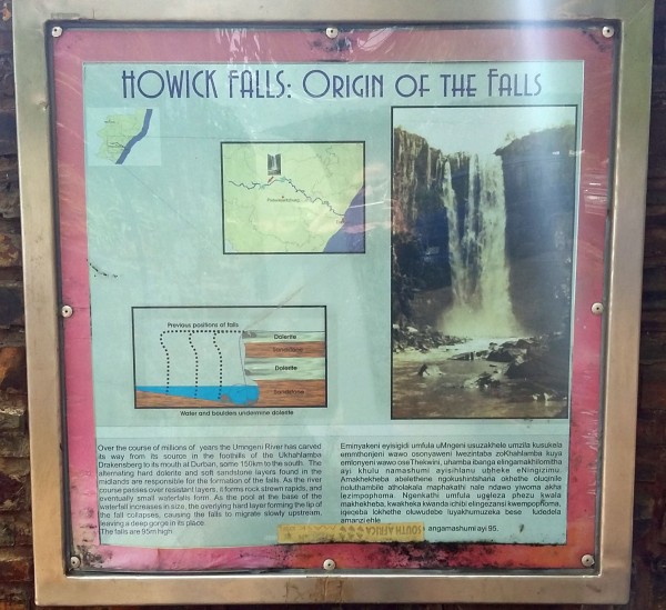 Howick Falls #8. The sign says sandstone but note that the Ecca consists of both shale and sandstone. My one geology book says that a shale-rich Ecca layer is located at Howick Falls. 
